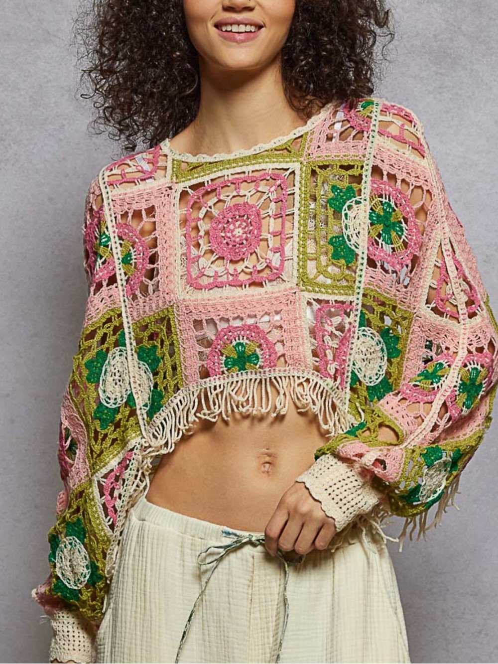 POL Pink & Green Crochet Cropped Top